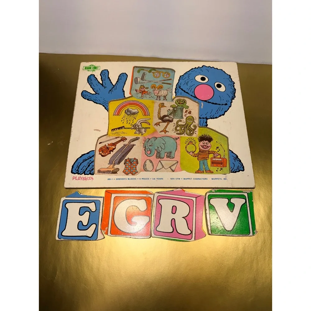 Vintage 1974‎ Playskool Sesame Street Grovers Blocks Wood Tray Puzzle 205